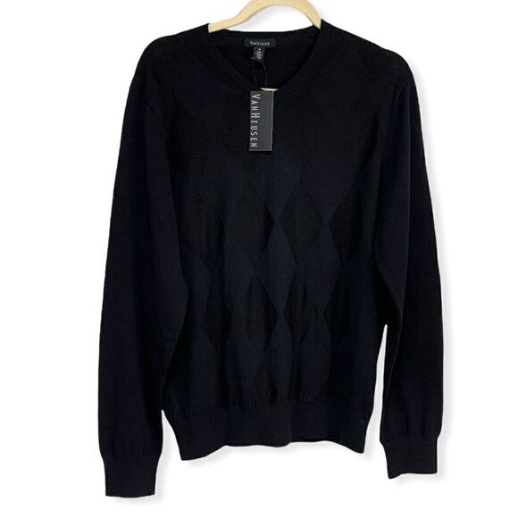 VAN Heusen Black on Black Argyle V Neck Sweater - Picture 2 of 10